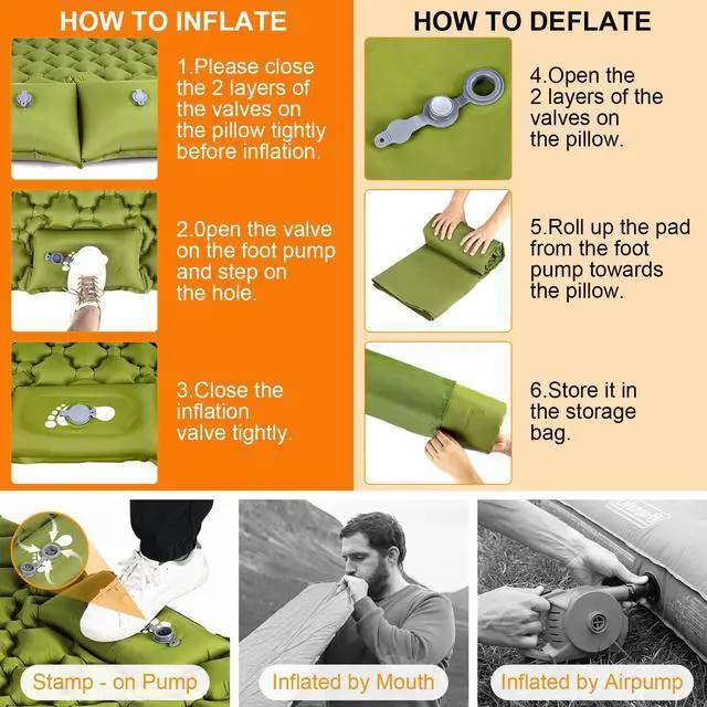 Alt view image 6 of 7 - Double Sleeping Pad, Ultralight 4" Extra-Thick Self Inflating Sleeping Mat for 2 Person with Pillow Built-in Foot Pump Portable Camping Mat for Backpacking, Hiking, Traveling, Tent, Camping