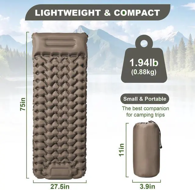 Alt view image 2 of 6 - Camping Sleeping Pad-4" Thick, Ultralight 1.9lbs Backpacking Air Mattress with Built-in Pillow & Foot Pump, Compact Inflatable Mat for Hiking Tent Road Trip, One-Second Deflation Khaki