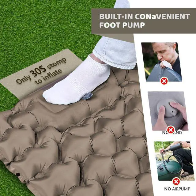 Alt view image 3 of 6 - Camping Sleeping Pad-4" Thick, Ultralight 1.9lbs Backpacking Air Mattress with Built-in Pillow & Foot Pump, Compact Inflatable Mat for Hiking Tent Road Trip, One-Second Deflation Khaki