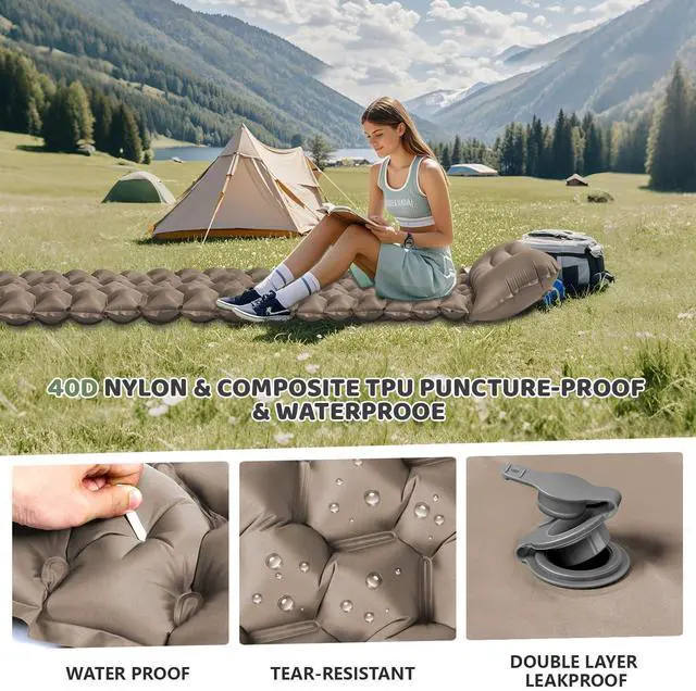 Alt view image 4 of 6 - Camping Sleeping Pad-4" Thick, Ultralight 1.9lbs Backpacking Air Mattress with Built-in Pillow & Foot Pump, Compact Inflatable Mat for Hiking Tent Road Trip, One-Second Deflation Khaki