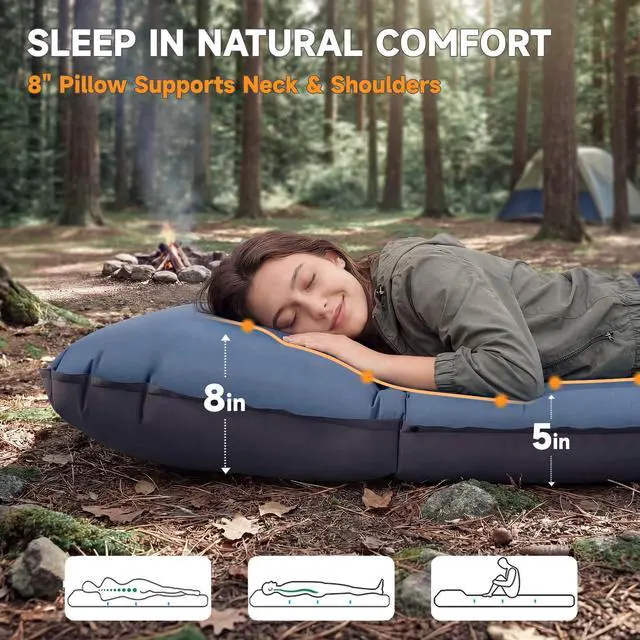 Alt view image 2 of 7 - Camping Sleeping Pad, 5" Ultralight Inflatable Sleeping Mat with Pillow, Built-in Foot Pump Inflatable Sleeping Pads Compact for Camping Backpacking Hiking Traveling Tent