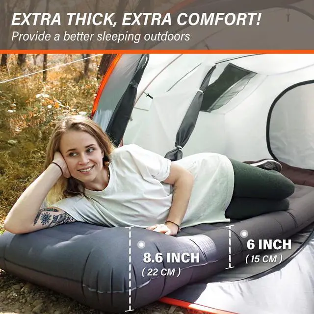 Alt view image 2 of 7 - Inflatable Camping Sleeping Pad with Pillow, Thick 6 Inch Ultralight Sleeping Pad with Built-in Pump, Lightweight Sleeping Mat for Camping, Backpacking, Hiking, Tent (Grey)