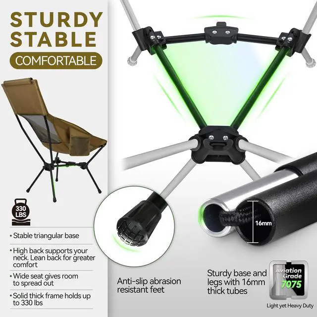 Alt view image 2 of 7 - Lightweight Folding High Back Camping Chair with Head Support, Stable Portable Compact for Outdoor Camp, Travel, Beach, Picnic, Festival, Hiking, Backpacking (Highback Khaki)