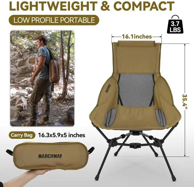 Alt view image 4 of 7 - Lightweight Folding High Back Camping Chair with Head Support, Stable Portable Compact for Outdoor Camp, Travel, Beach, Picnic, Festival, Hiking, Backpacking (Highback Khaki)