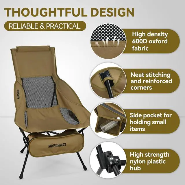 Alt view image 3 of 7 - Lightweight Folding High Back Camping Chair with Head Support, Stable Portable Compact for Outdoor Camp, Travel, Beach, Picnic, Festival, Hiking, Backpacking (Highback Khaki)