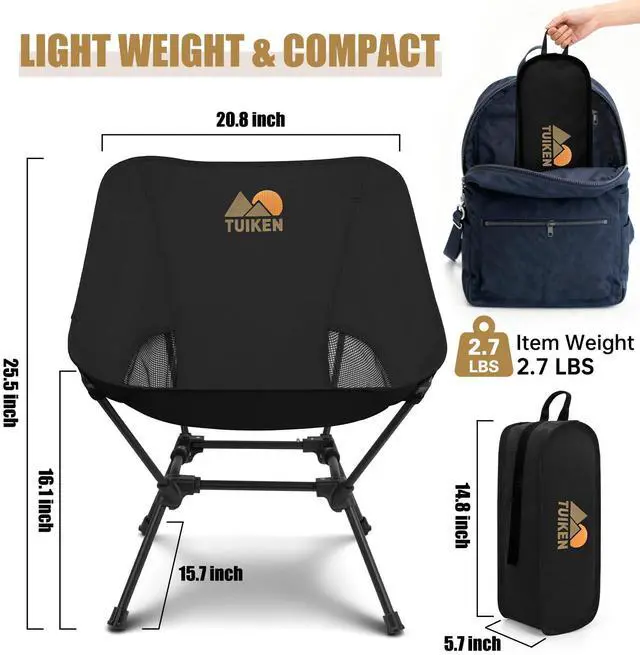 Alt view image 2 of 7 - Ultralight Camping Chair Backpacking Chair, Portable Camp Chair with Cup Holder & Storage Bag, Lightweight Compact Folding Chair for Hiking, Travel, Picnic MountaineeringDeep Black