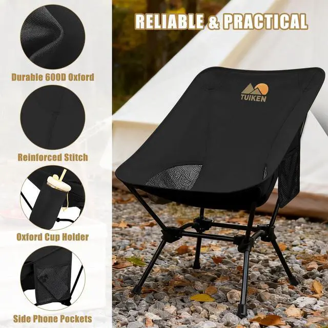 Alt view image 5 of 7 - Ultralight Camping Chair Backpacking Chair, Portable Camp Chair with Cup Holder & Storage Bag, Lightweight Compact Folding Chair for Hiking, Travel, Picnic MountaineeringDeep Black