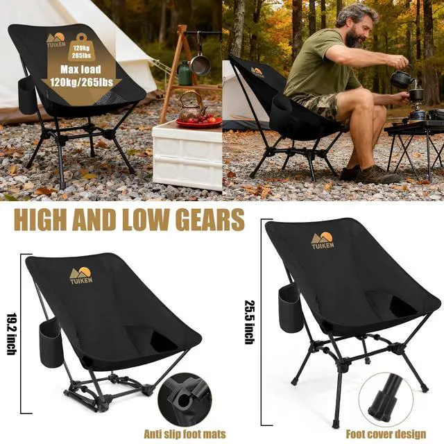 Alt view image 4 of 7 - Ultralight Camping Chair Backpacking Chair, Portable Camp Chair with Cup Holder & Storage Bag, Lightweight Compact Folding Chair for Hiking, Travel, Picnic MountaineeringDeep Black