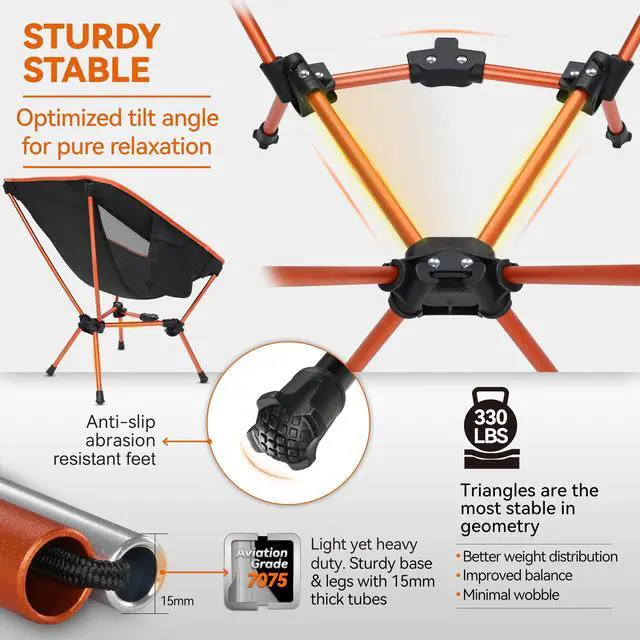 Alt view image 2 of 7 - Lightweight Folding Camping Chair, Portable Foldable Compact for Outdoor Camp, Travel, Beach, Picnic, Festival, Hiking, Backpacking, Supports 330Lbs (Orange)