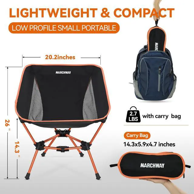 Alt view image 4 of 7 - Lightweight Folding Camping Chair, Portable Foldable Compact for Outdoor Camp, Travel, Beach, Picnic, Festival, Hiking, Backpacking, Supports 330Lbs (Orange)