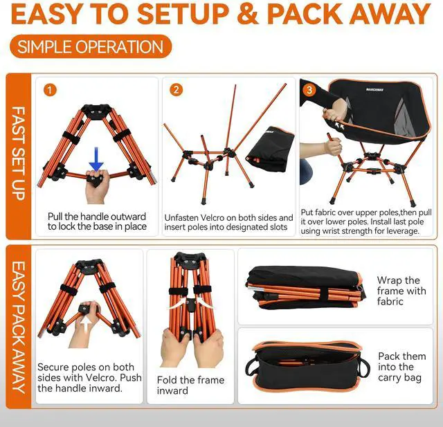Alt view image 5 of 7 - Lightweight Folding Camping Chair, Portable Foldable Compact for Outdoor Camp, Travel, Beach, Picnic, Festival, Hiking, Backpacking, Supports 330Lbs (Orange)