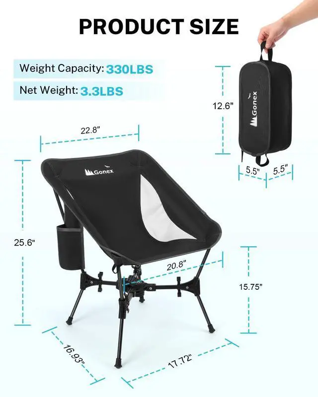 Alt view image 7 of 7 - Portable Camping Chair, The 5th Gen Ultralight Compact Backpacking Foldable Lightweight Folding Chair for Outdoor Camp Hiking Beach Picnic Concert, Supports 330lbs (Black, 1 PCS)
