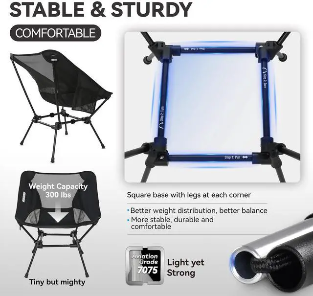 Alt view image 2 of 6 - Ultralight Folding Camping Chair, Heavy Duty Portable Compact for Outdoor Camp, Travel, Beach, Picnic, Festival, Hiking, Lightweight Backpacking (Black)