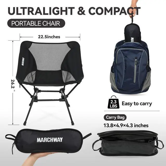 Alt view image 4 of 6 - Ultralight Folding Camping Chair, Heavy Duty Portable Compact for Outdoor Camp, Travel, Beach, Picnic, Festival, Hiking, Lightweight Backpacking (Black)