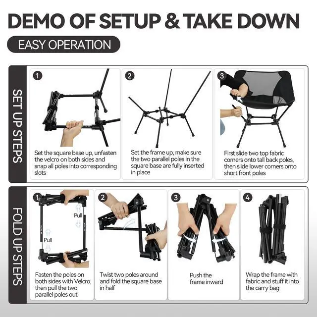 Alt view image 5 of 6 - Ultralight Folding Camping Chair, Heavy Duty Portable Compact for Outdoor Camp, Travel, Beach, Picnic, Festival, Hiking, Lightweight Backpacking (Black)