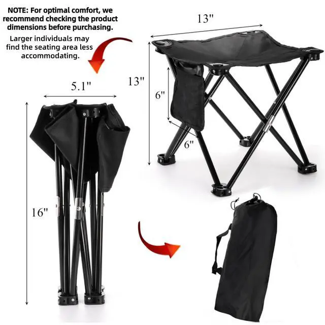 Alt view image 2 of 7 - 2 Pack Camping Stool, 13 Inch Compact Camping Chair Portable, Lightweight Folding Stool Seat with Side Pocket and Carry Bag for Outdoor Hiking, Fishing, Picnic, Beach and Lawn Party, Black