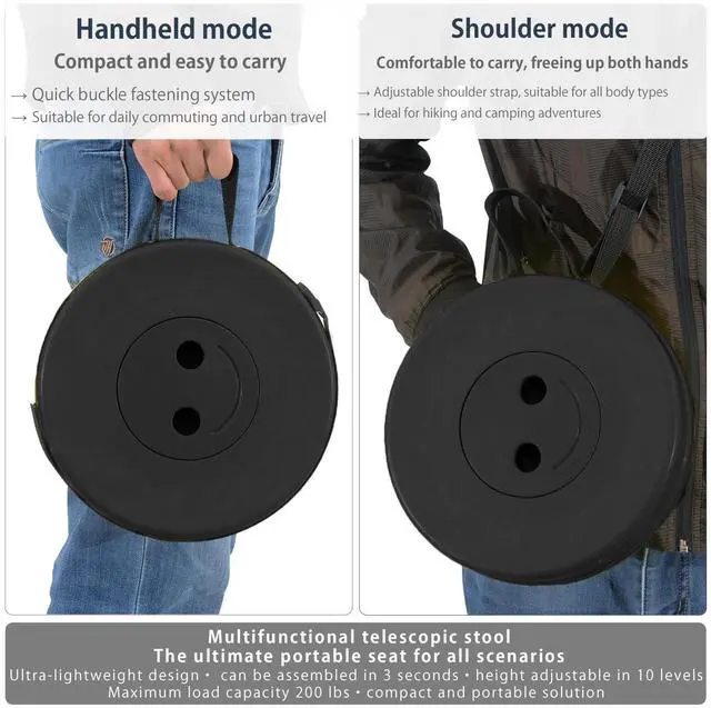 Alt view image 3 of 6 - Portable Telescoping Foldable Stool - Lightweight, Outdoor Essential for Camping, Picnicking, Park Leisure, Fishing, Hiking & BBQ (Black)