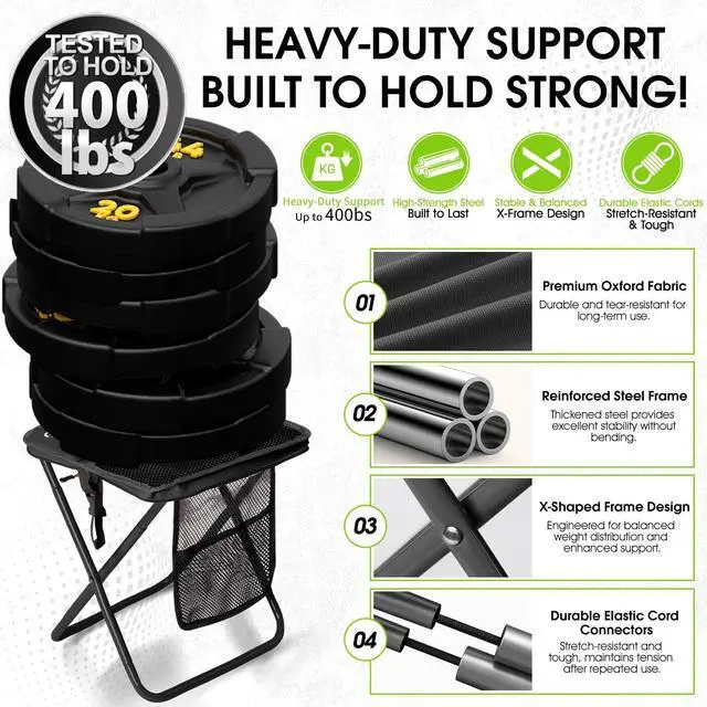 Alt view image 3 of 7 - Portable Collapsible Stool, 16Folding Stool with 3 Side Pockets and Shoulder Strap, Extra Large Camping Chair Supports 400 lbs, Ultralight Portable Seat for Outdoor, Hiking, Fishing