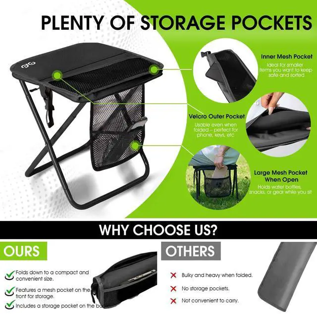 Alt view image 4 of 7 - Portable Collapsible Stool, 16Folding Stool with 3 Side Pockets and Shoulder Strap, Extra Large Camping Chair Supports 400 lbs, Ultralight Portable Seat for Outdoor, Hiking, Fishing