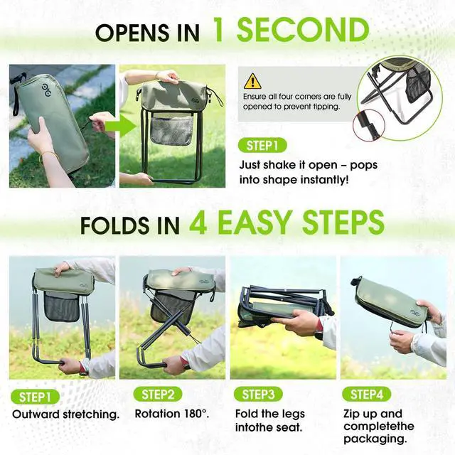 Alt view image 2 of 7 - Portable Collapsible Stool, 16Folding Stool with 3 Side Pockets and Shoulder Strap, Extra Large Camping Chair Supports 400 lbs, Ultralight Portable Seat for Outdoor, Hiking, Fishing (Green)