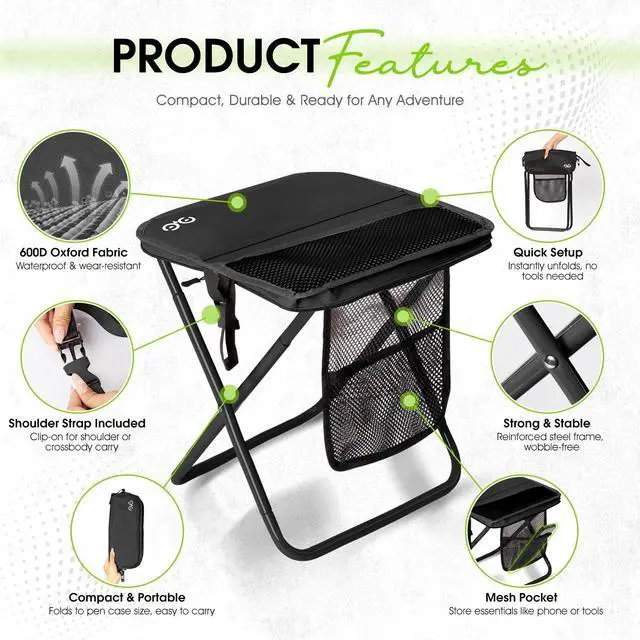 Alt view image 6 of 7 - Portable Collapsible Stool, 16Folding Stool with 3 Side Pockets and Shoulder Strap, Extra Large Camping Chair Supports 400 lbs, Ultralight Portable Seat for Outdoor, Hiking, Fishing