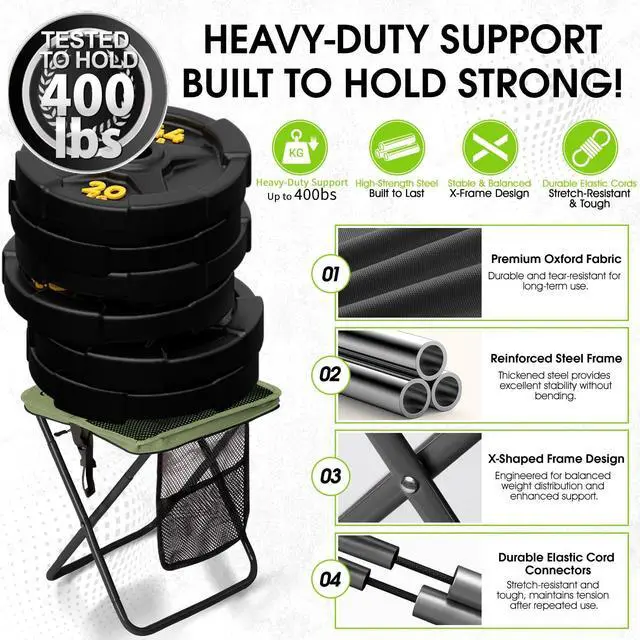 Alt view image 4 of 7 - Portable Collapsible Stool, 16Folding Stool with 3 Side Pockets and Shoulder Strap, Extra Large Camping Chair Supports 400 lbs, Ultralight Portable Seat for Outdoor, Hiking, Fishing (Green)