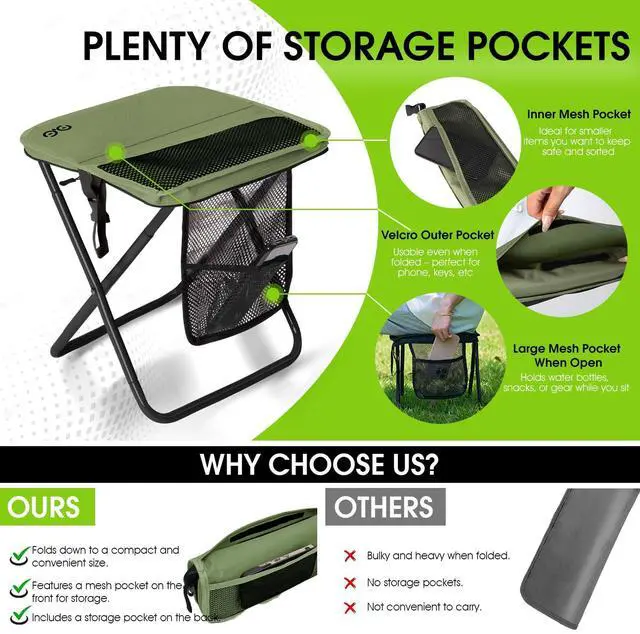 Alt view image 5 of 7 - Portable Collapsible Stool, 16Folding Stool with 3 Side Pockets and Shoulder Strap, Extra Large Camping Chair Supports 400 lbs, Ultralight Portable Seat for Outdoor, Hiking, Fishing (Green)