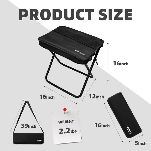 Alt view image 2 of 7 - 16" Extra Tall Portable Folding Stool for Adults, XL Collapsible Camping Stool with 3 Storage Pockets, Heavy Duty Compact Seat for Fishing, Hiking, Gardening