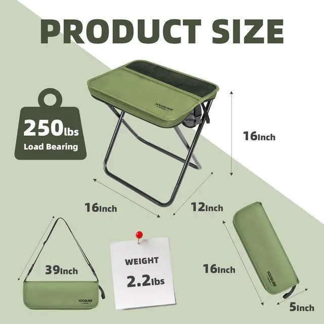 Alt view image 2 of 7 - 16" Extra Tall Portable Folding Stool for Adults, X-Large Collapsible Camping Chair with 3 Storage Pockets, Heavy Duty Travel Seat for Fishing, Hiking, Gardening