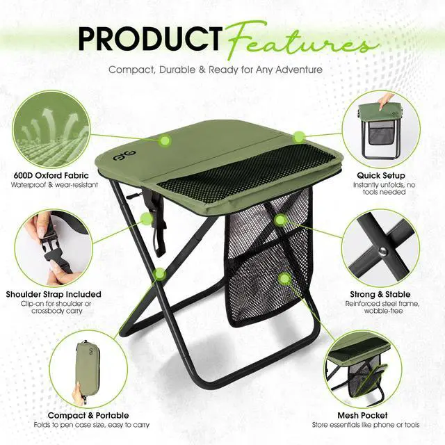 Alt view image 7 of 7 - Portable Collapsible Stool, 16Folding Stool with 3 Side Pockets and Shoulder Strap, Extra Large Camping Chair Supports 400 lbs, Ultralight Portable Seat for Outdoor, Hiking, Fishing (Green)