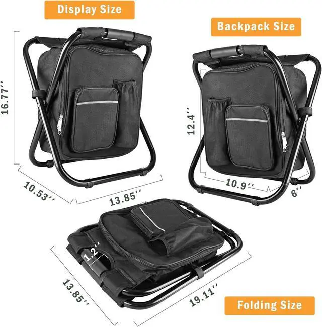 Alt view image 2 of 6 - Backpack Stool Cooler Chair Heavy Duty 300 LBS Max Load Portable Lightweight Folding Fishing Cooler for Camping Hunting Fishing - Black