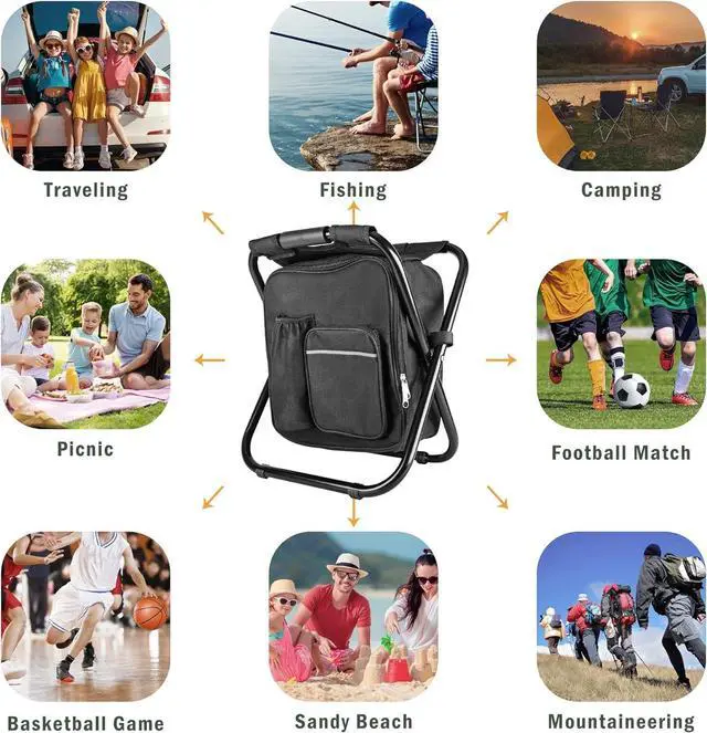 Alt view image 3 of 6 - Backpack Stool Cooler Chair Heavy Duty 300 LBS Max Load Portable Lightweight Folding Fishing Cooler for Camping Hunting Fishing - Black