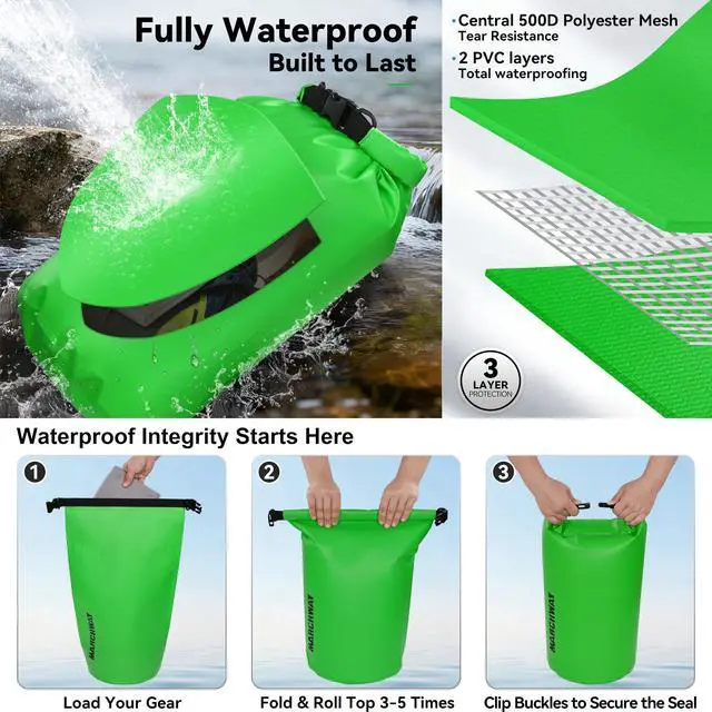 Alt view image 3 of 7 - Floating Waterproof Dry Bag Backpack 5L/10L/20L/30L/40L, Roll Top Sack Keeps Gear Dry for Kayaking, Rafting, Boating, Swimming, Camping, Hiking, Beach, Fishing (Green, 5L)