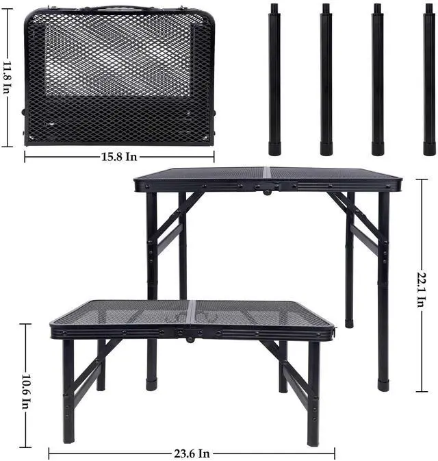 Alt view image 2 of 7 - Small Folding Table, Camping Table with Mesh Desktop, Portable Picnic Table with Carry Handle, Height Adjustable Portable Grill Table for Outside Inside Use