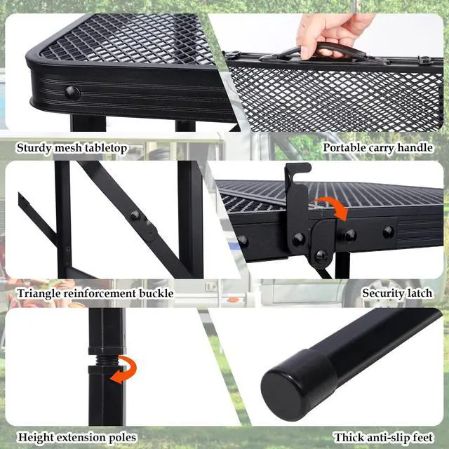 Alt view image 4 of 7 - Small Folding Table, Camping Table with Mesh Desktop, Portable Picnic Table with Carry Handle, Height Adjustable Portable Grill Table for Outside Inside Use
