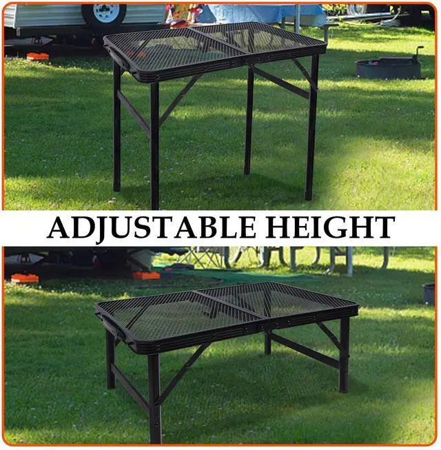 Alt view image 5 of 7 - Small Folding Table, Camping Table with Mesh Desktop, Portable Picnic Table with Carry Handle, Height Adjustable Portable Grill Table for Outside Inside Use