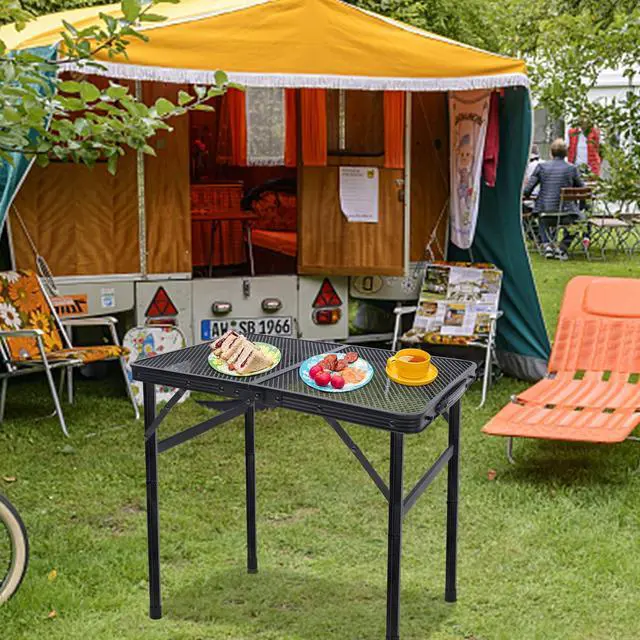 Alt view image 6 of 7 - Small Folding Table, Camping Table with Mesh Desktop, Portable Picnic Table with Carry Handle, Height Adjustable Portable Grill Table for Outside Inside Use