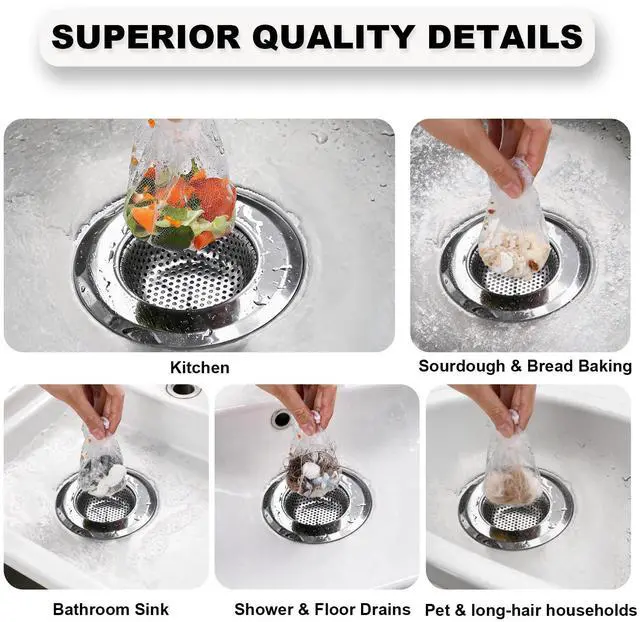 Alt view image 6 of 6 - 250 Pack Disposable Drain Covers, Disposable Mesh Sink Strainer Pouches for Sourdough, One Use Sourdough Drain Catcher Mesh Cover Nets for Kitchen Sink, Strainer Pouches Kitchen and Bathroom