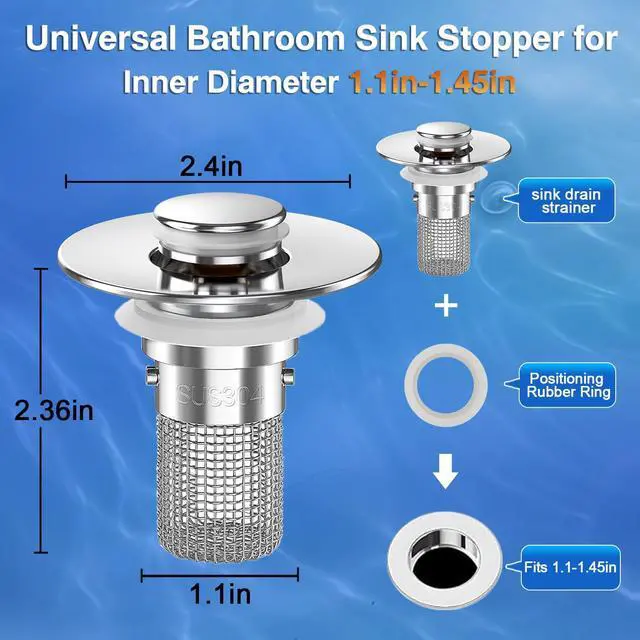 Alt view image 2 of 7 - Bathroom Sink Drain Strainer,(2PCS) Pop-up Sink Drain Strainer with Removable Stainless Steel Strainer Basket Hair Catcher, Bathroom Sink Strainer for Bathroom Sink Stopper Replacement