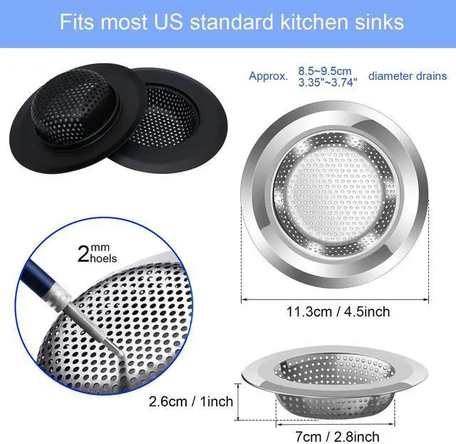 Alt view image 2 of 7 - Kitchen Sink Drain Strainer, 4 Pack Stainless Steel and Black Mesh Sink Strainer for Kitchen with Large Wide Rim 4.5" Diameter, Sink Filter Strainer with 3" Basket Sink Food Catcher