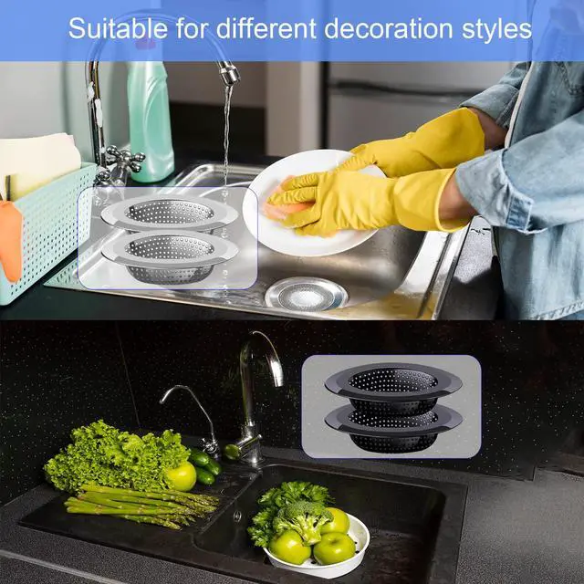 Alt view image 6 of 7 - Kitchen Sink Drain Strainer, 4 Pack Stainless Steel and Black Mesh Sink Strainer for Kitchen with Large Wide Rim 4.5" Diameter, Sink Filter Strainer with 3" Basket Sink Food Catcher