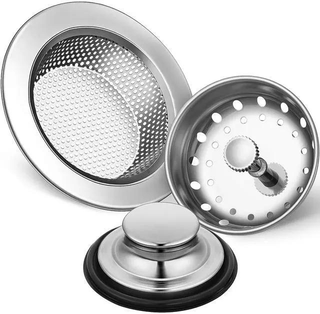 Main image of 3 Pcs Kitchen Sink Drain Strainer and Stopper Stainless Steel Garbage Disposal Plug with Handle Universal Anti-Clogging Kitchen Sink Filter Sieve Basket Strainer(Silver)