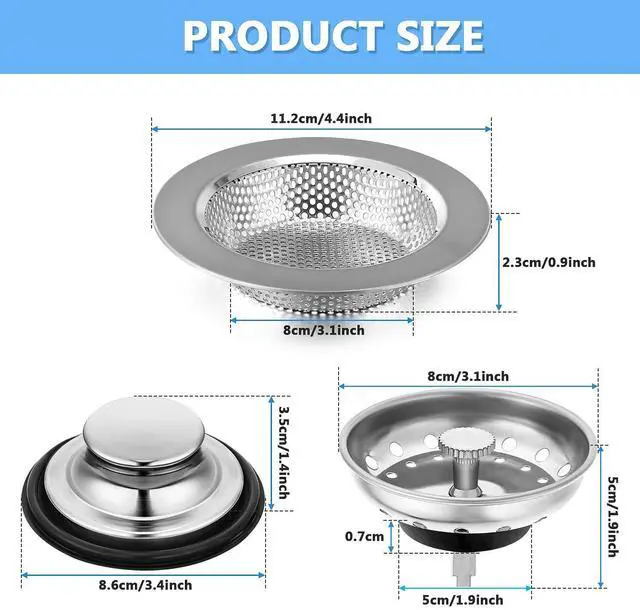 Alt view image 2 of 7 - 3 Pcs Kitchen Sink Drain Strainer and Stopper Stainless Steel Garbage Disposal Plug with Handle Universal Anti-Clogging Kitchen Sink Filter Sieve Basket Strainer(Silver)
