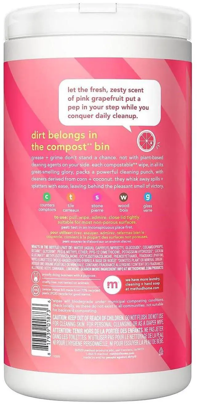 Alt view image 2 of 4 - All-Purpose Cleaning Wipes, Pink Grapefruit, Multi-Surface, Compostable, 70 Count (Pack of 1)