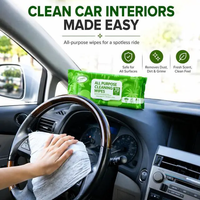 Alt view image 3 of 6 - All Purpose Cleaning Wipes 70 Count, Extra Large 8" x 10" Heavy Duty for Car Interior, Kitchen, Bathroom, Gym Equitment, Tools - Non-Toxic Safe for Multi-Surface