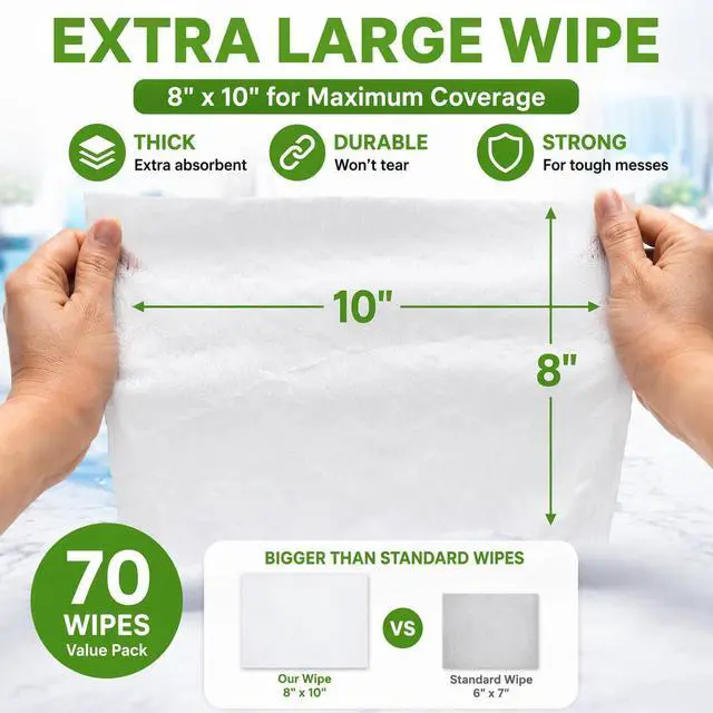Alt view image 2 of 6 - All Purpose Cleaning Wipes 70 Count, Extra Large 8" x 10" Heavy Duty for Car Interior, Kitchen, Bathroom, Gym Equitment, Tools - Non-Toxic Safe for Multi-Surface