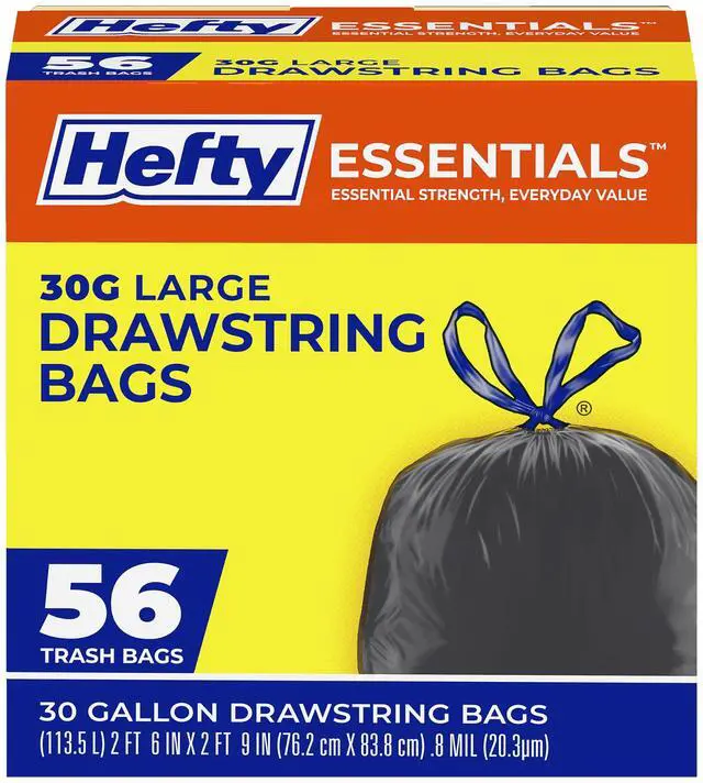 Main image of Essentials Drawstring 30 Gallon Trash Bags, 56 Count, Bulk Black Garbage Bags for Garages, Parties, Large Trash Items, and More, Scent Free, Black