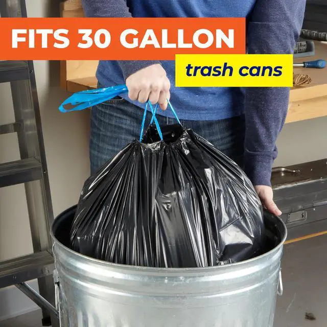 Alt view image 2 of 6 - Essentials Drawstring 30 Gallon Trash Bags, 56 Count, Bulk Black Garbage Bags for Garages, Parties, Large Trash Items, and More, Scent Free, Black