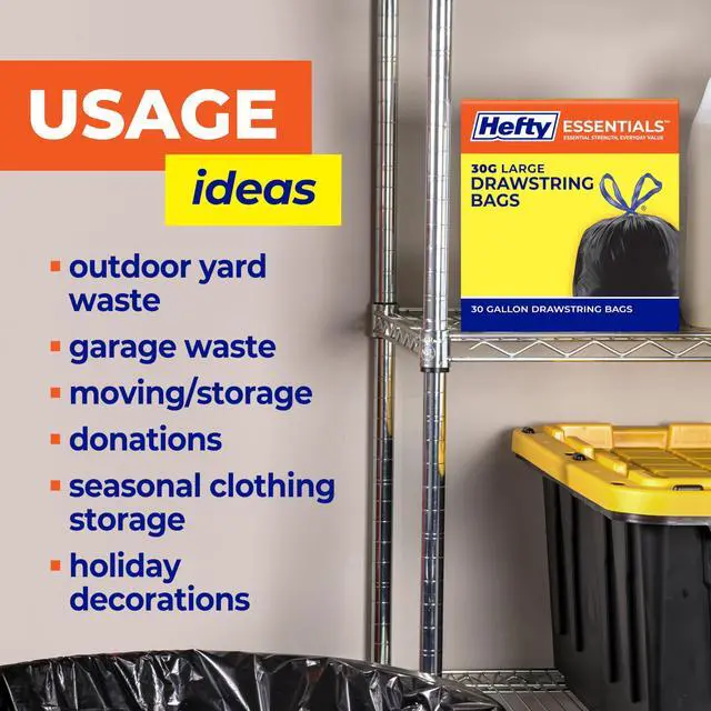 Alt view image 4 of 6 - Essentials Drawstring 30 Gallon Trash Bags, 56 Count, Bulk Black Garbage Bags for Garages, Parties, Large Trash Items, and More, Scent Free, Black