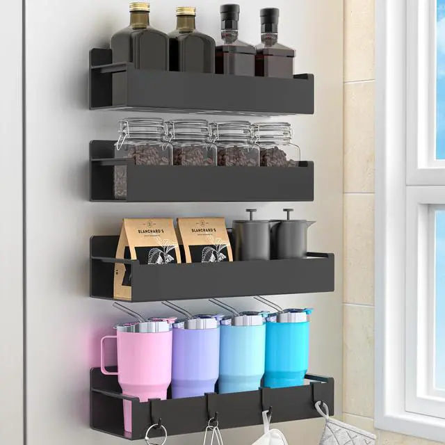 Main image of 4 Pack Magnetic Spice Rack Organizer for Refrigerator and Oven, Black Fridge Organizers and Storage for Kitchen